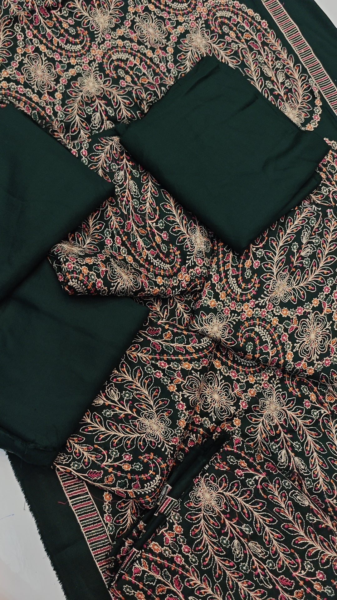 WINTER DHANAK WOOL 3Pcs DRESS IN BOTTLE GREEN COLOUR