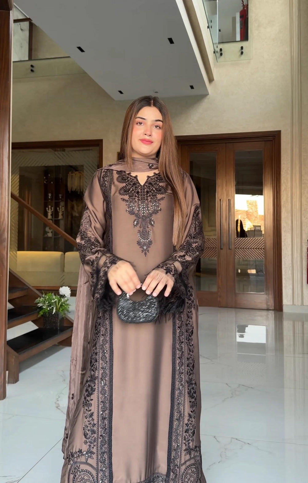 ETHNIC MOST VIRAL DRESS IN DHANAK WOOL STUFF BROWN AND BLACK CONTRESS
