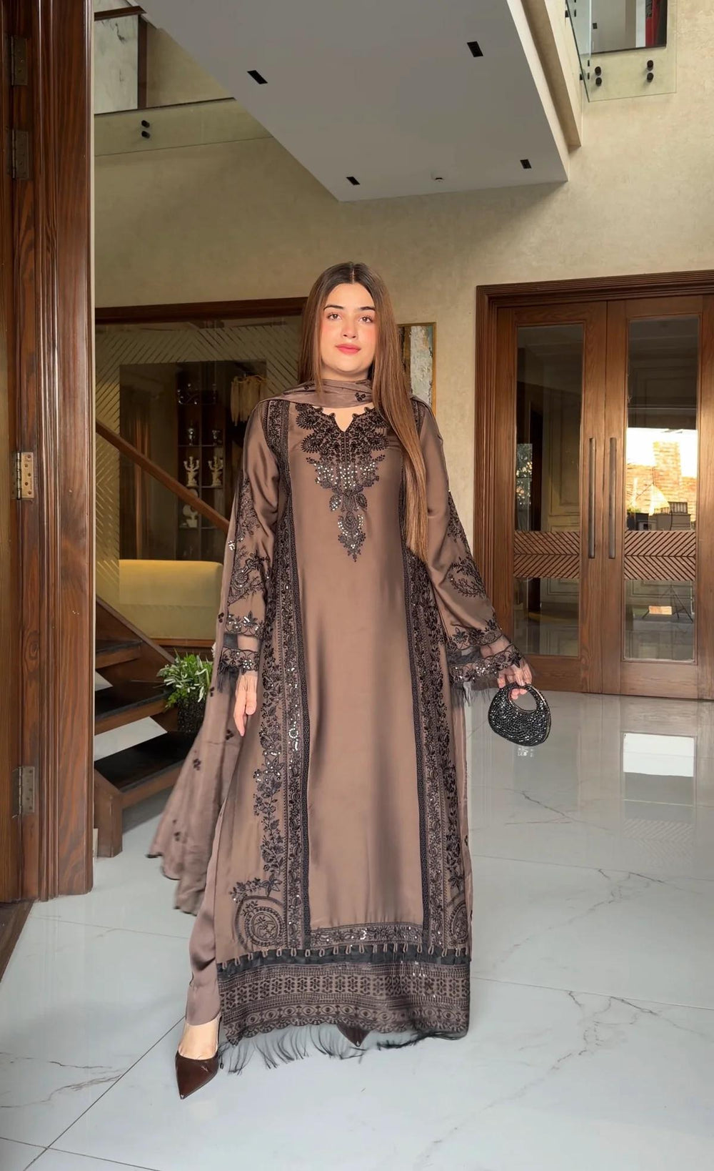 ETHNIC MOST VIRAL DRESS IN DHANAK WOOL STUFF BROWN AND BLACK CONTRESS