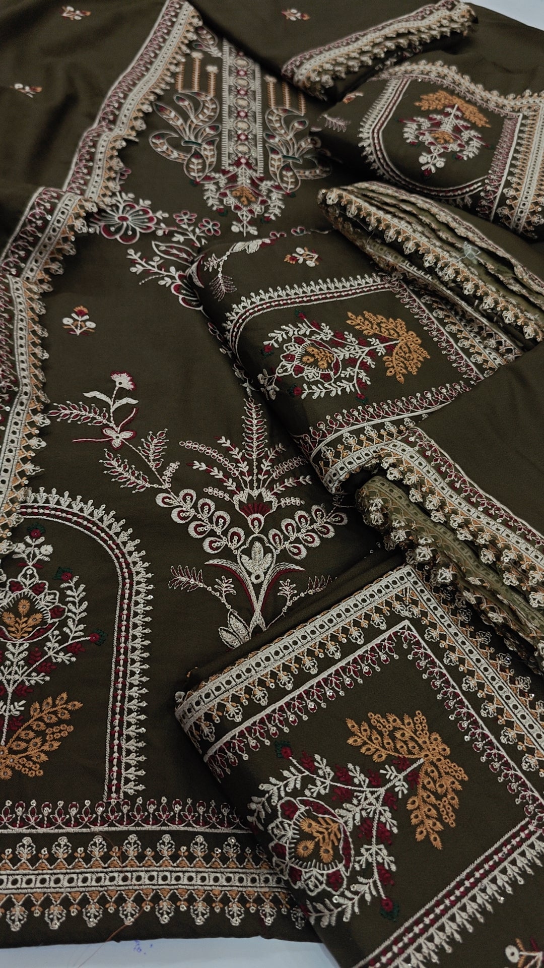 DHANAK WOOL STUFF 3PCS DRESS IN MEHANDI COLOUR
