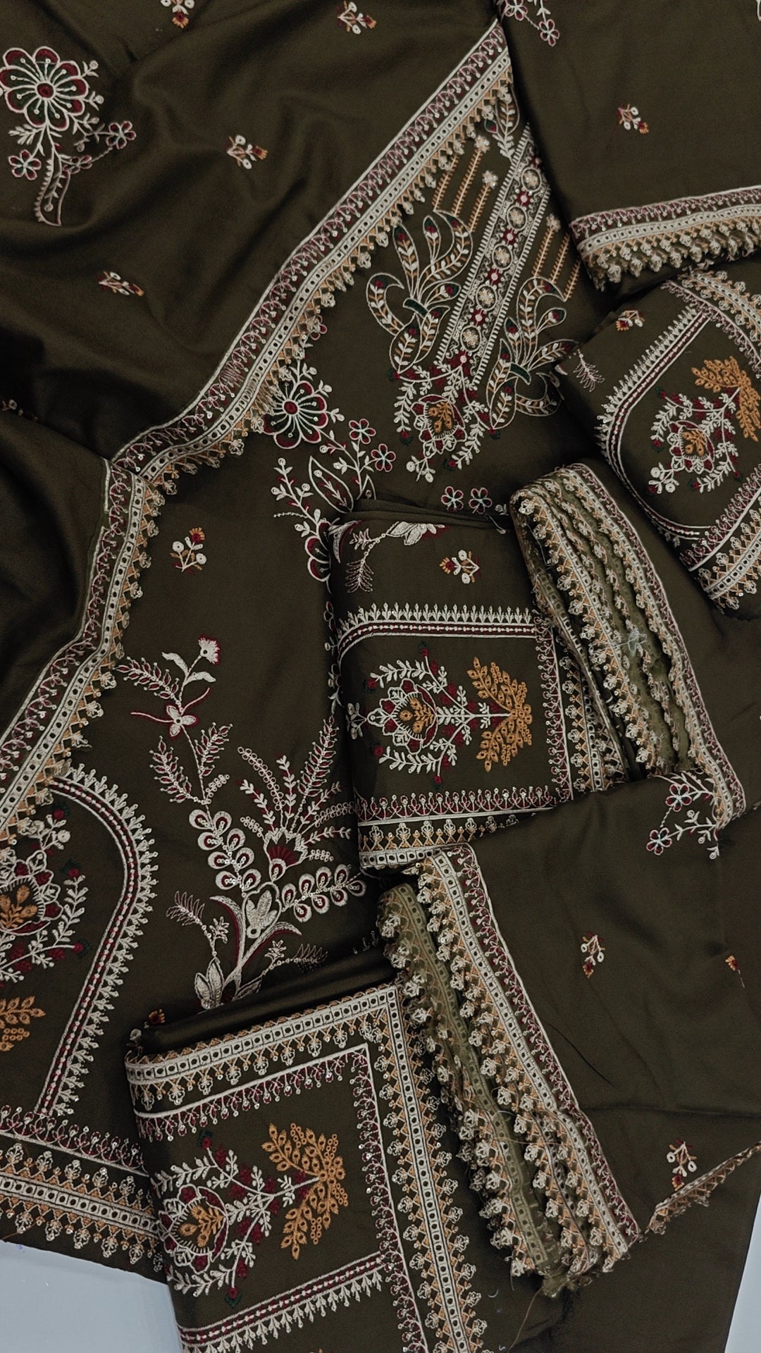DHANAK WOOL STUFF 3PCS DRESS IN MEHANDI COLOUR