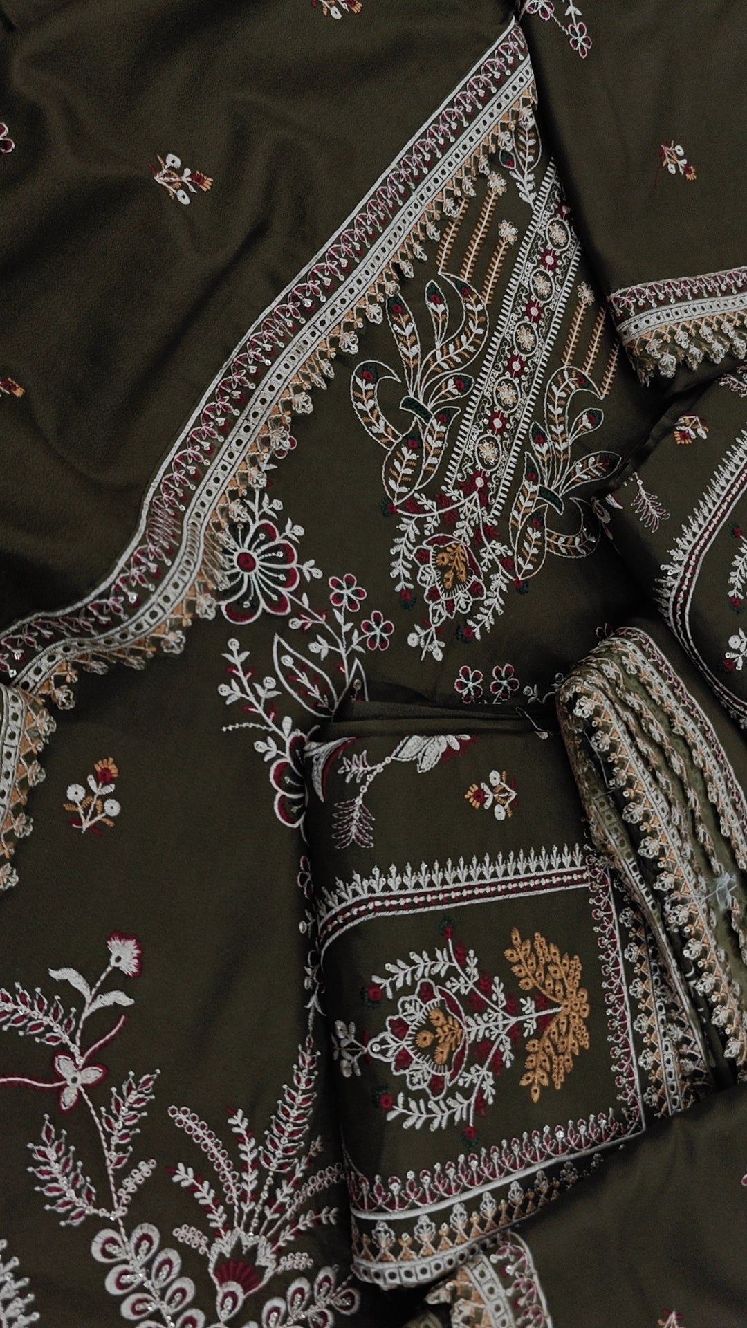 DHANAK WOOL STUFF 3PCS DRESS IN MEHANDI COLOUR