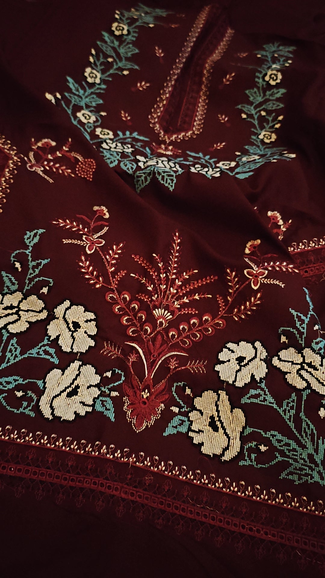 CROSS STICH NEW MAROON COLOUR DRESS IN DHANAK WOOL STUFF