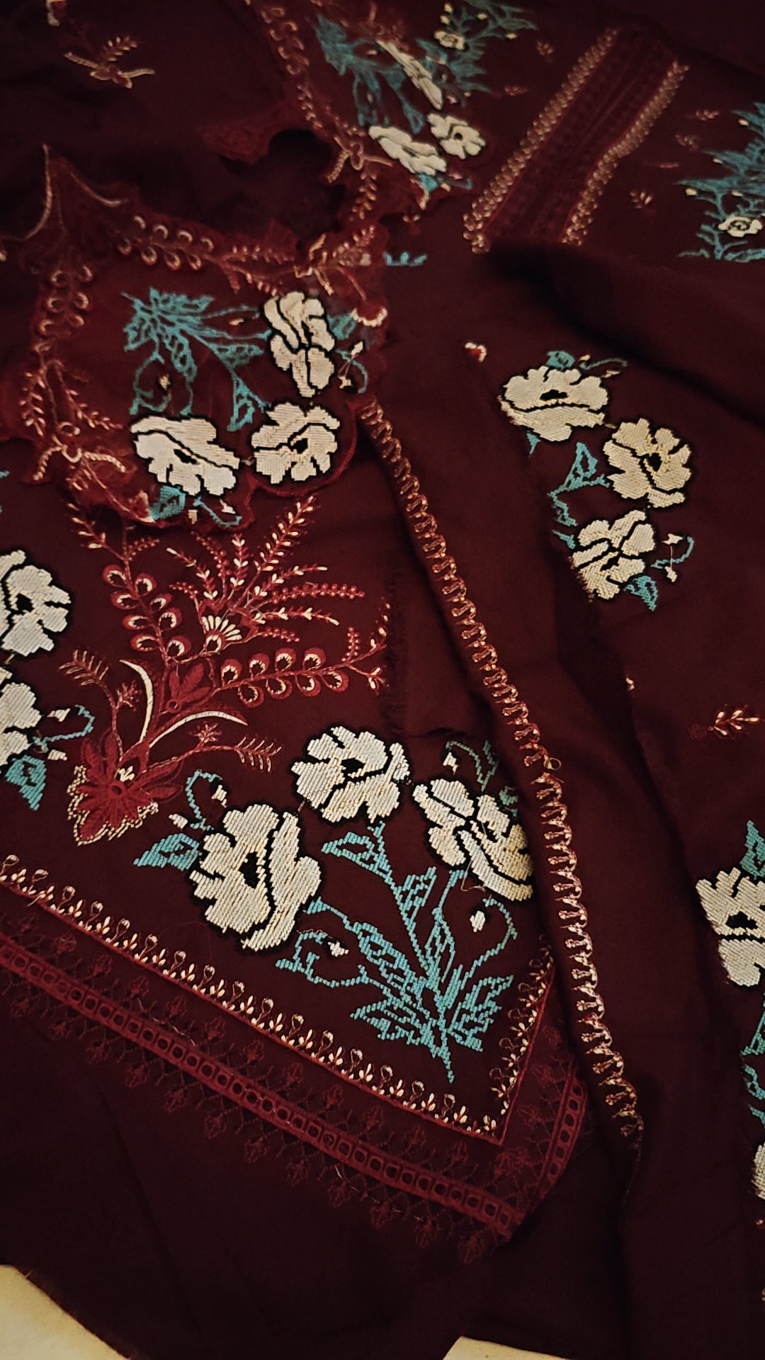 CROSS STICH NEW MAROON COLOUR DRESS IN DHANAK WOOL STUFF