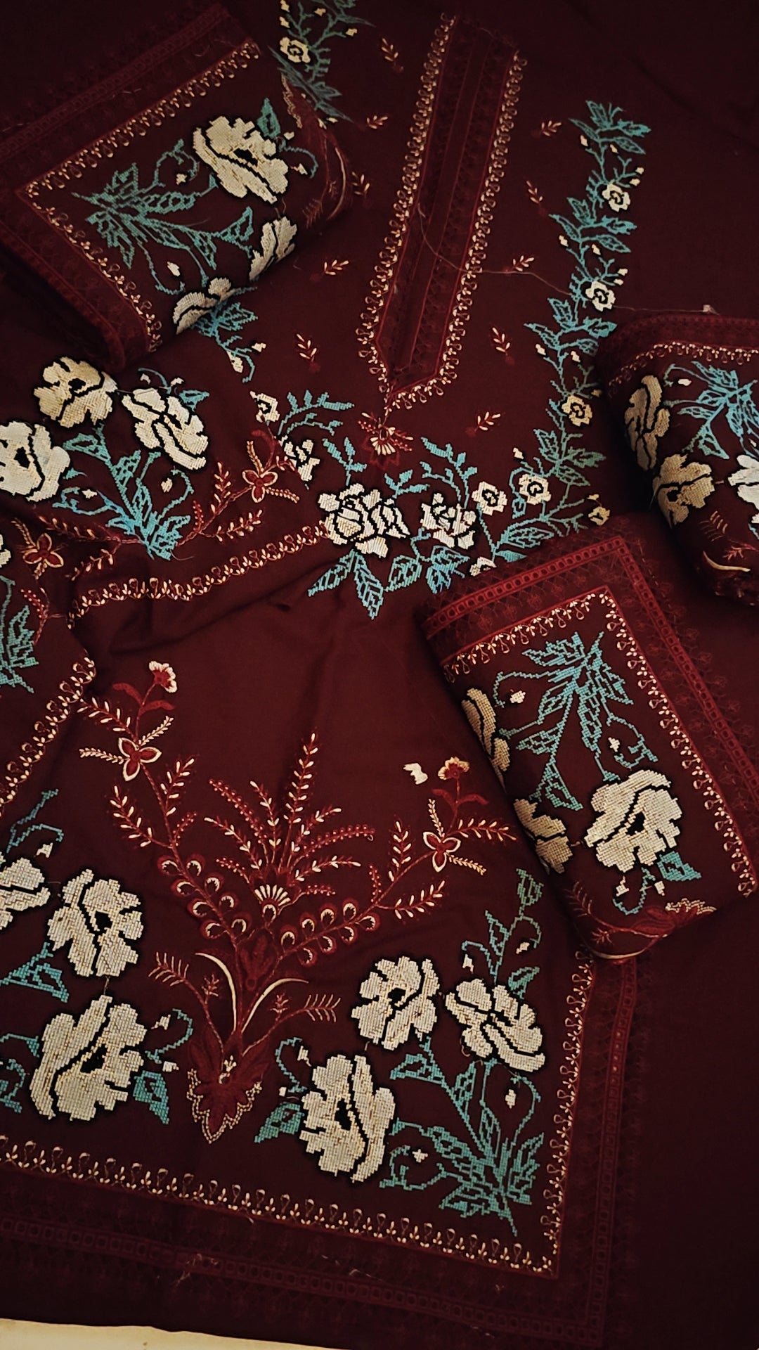 CROSS STICH NEW MAROON COLOUR DRESS IN DHANAK WOOL STUFF