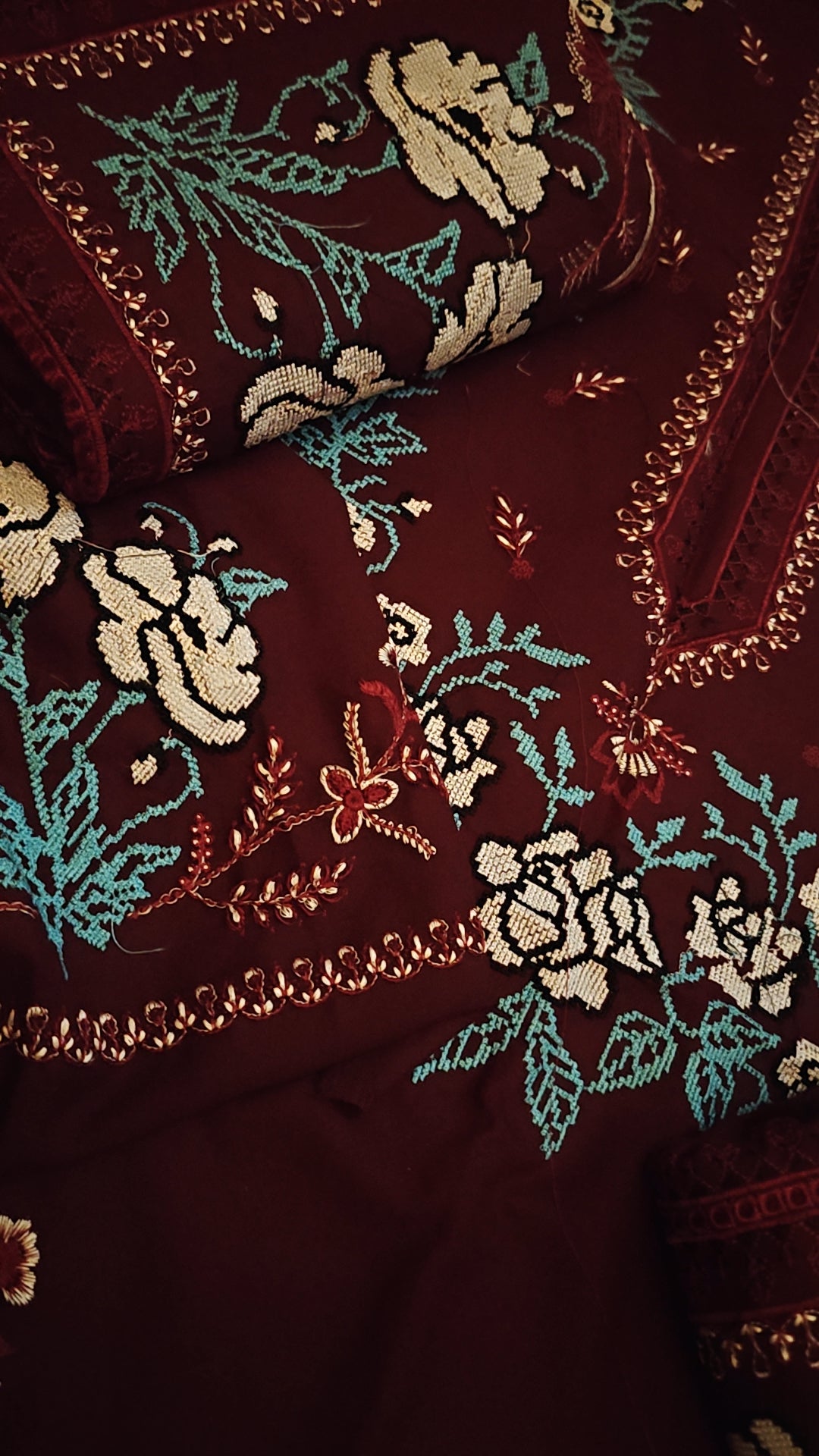 CROSS STICH NEW MAROON COLOUR DRESS IN DHANAK WOOL STUFF