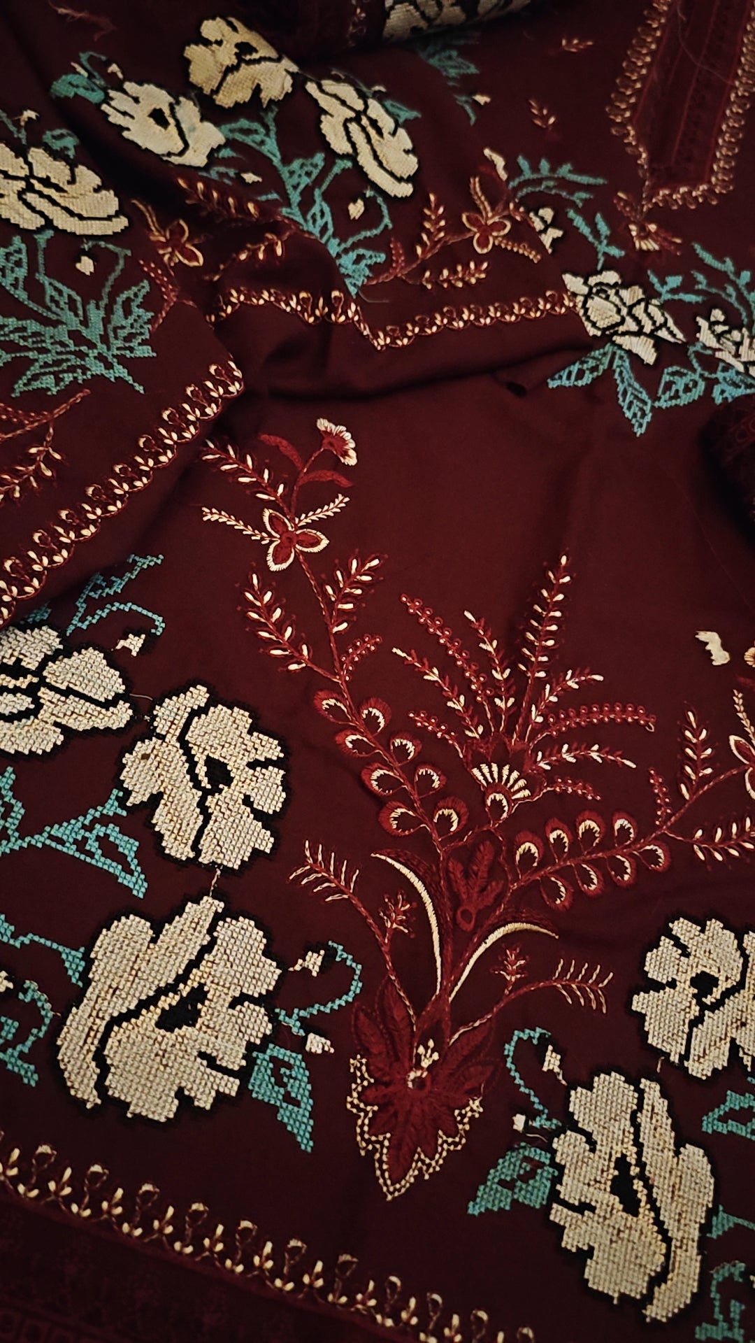 CROSS STICH NEW MAROON COLOUR DRESS IN DHANAK WOOL STUFF