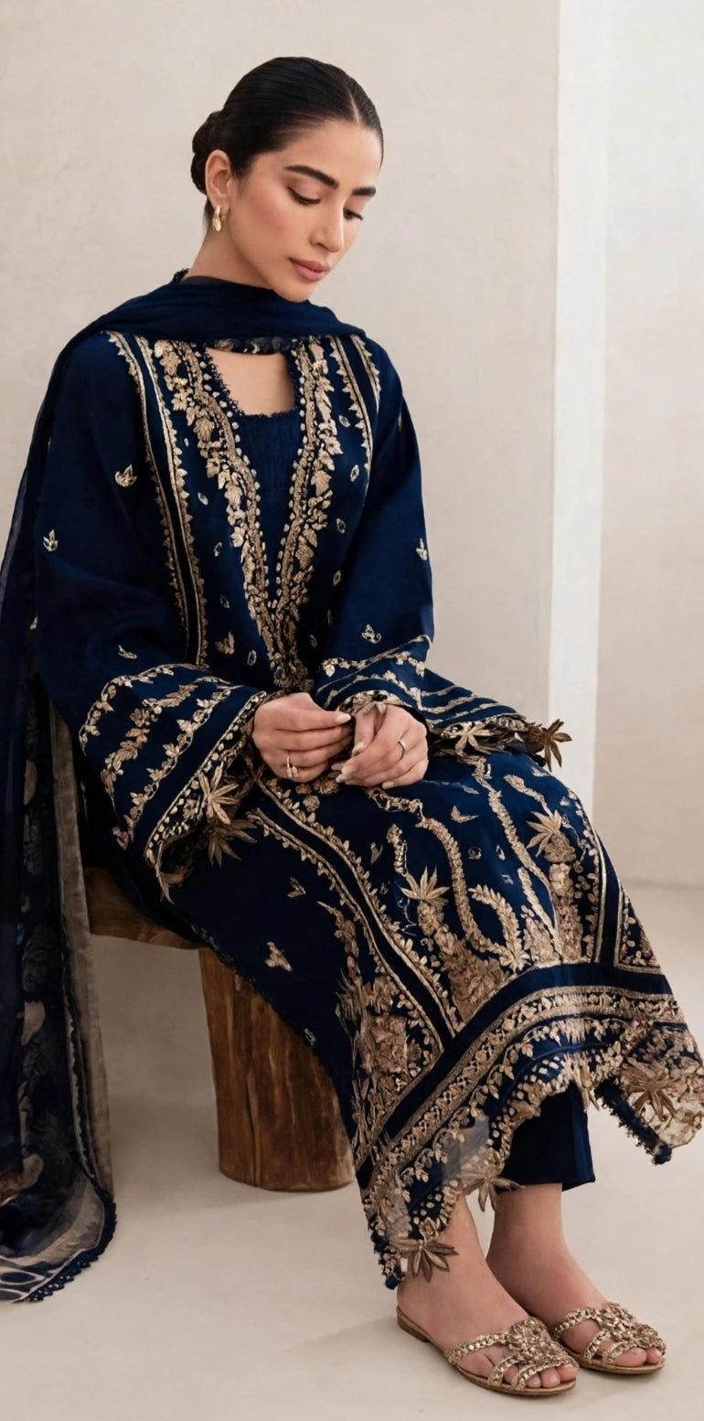 BLUE SHADE MOST VIRAL DRESS IN DHANAK WOOL STUFF 3PCS DRESS