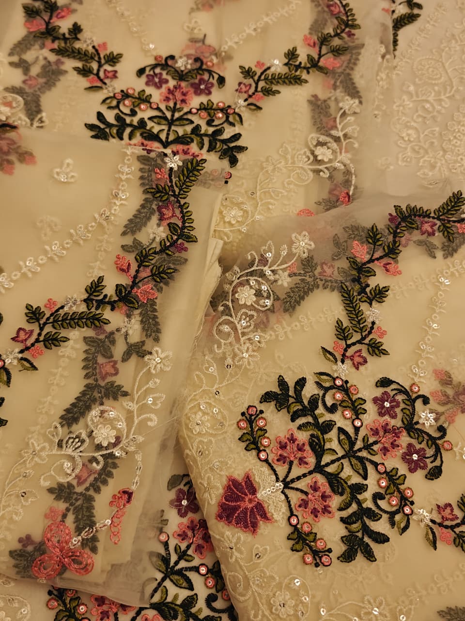 Brand: * Bareeze* Fabric: * Lawn * Status: Emb Code: 1684  Front Full Heavy EMB with center organza panel  Sleeves light weight EMB Back light weight EMB Trouser Plain