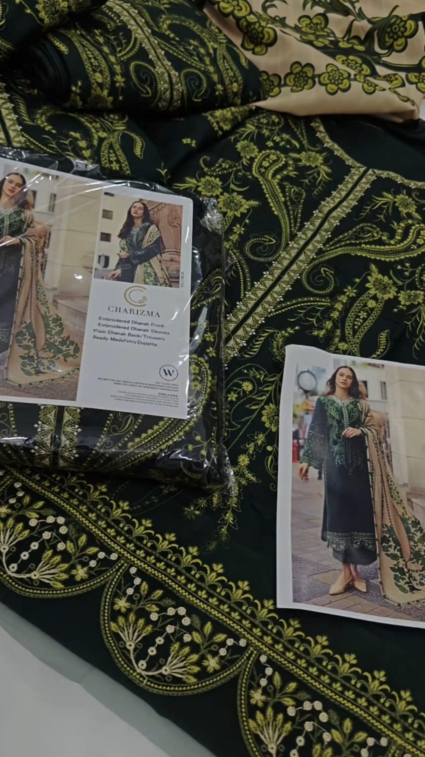 Winter 3 pcs artical 2026/27 Brand Name Charizma  Dhanak Full emb Front  with Havey Emb  Sleeves Havey Emb   Trouser  and Back Plain  3 Pcs Article  Woolen Print Shawl